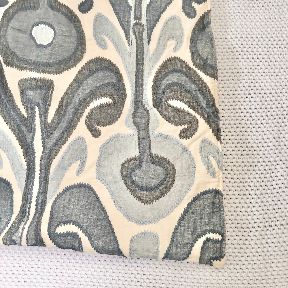 Pottery Barn Kenmare Ikat Embroidered Pillow Cover Sham Button Back Blue Grey - Picture 4 of 8
